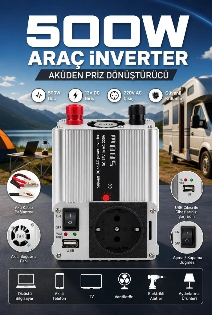 500W Fanlı Akü İnverteri 12V DC Giriş 220V AC Çıkış USB Portlu Taşınabilir Araç Kullanımı Fiyatı, Yorumları ve Özellikleri