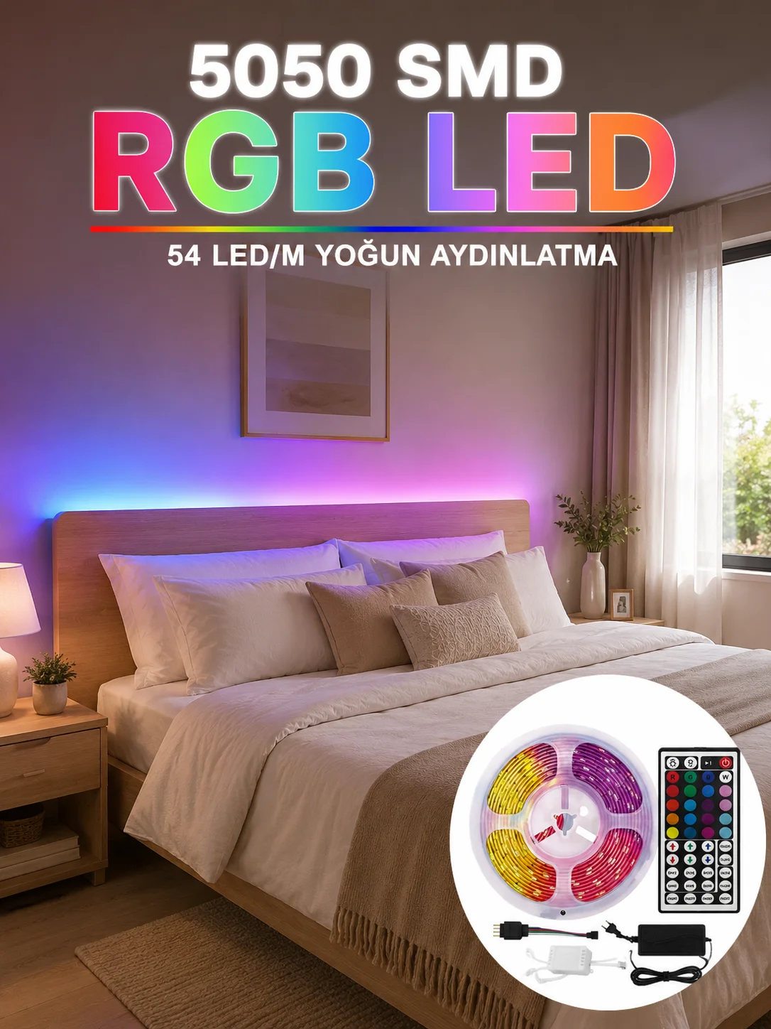 5050 SMD RGB LED Şerit 5 Metre Kumandalı Renkli TV Oda Masa Arkası Dekoratif Aydınlatma Seti 5050 SMD RGB LED Şerit 5 Metre Kumandalı Renkli TV Oda Masa Arkası Dekoratif Aydınlatma Seti