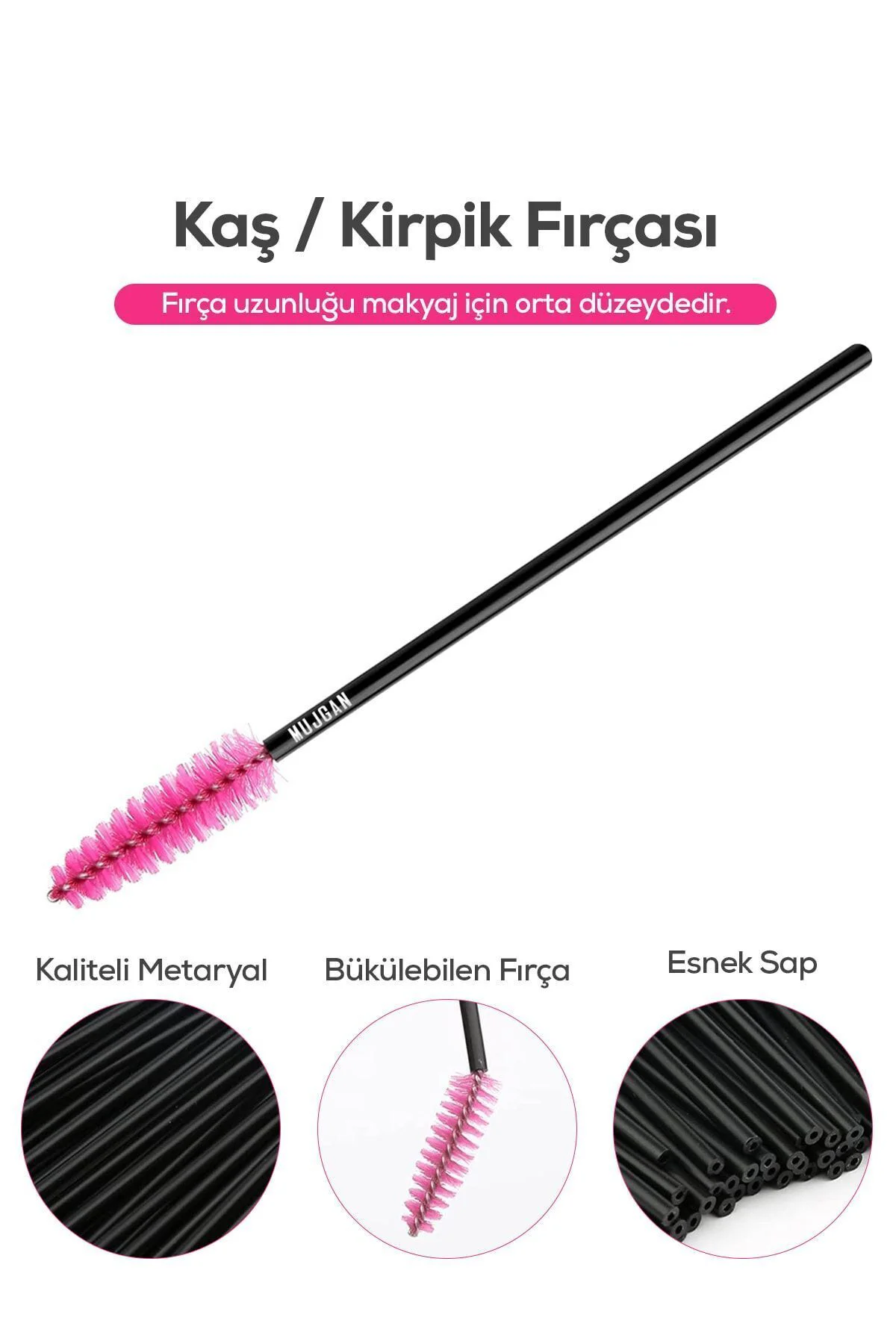 50'li Kaş Kirpik Tarama Fırçası Pembe Fırça Siyah Sap Renk
