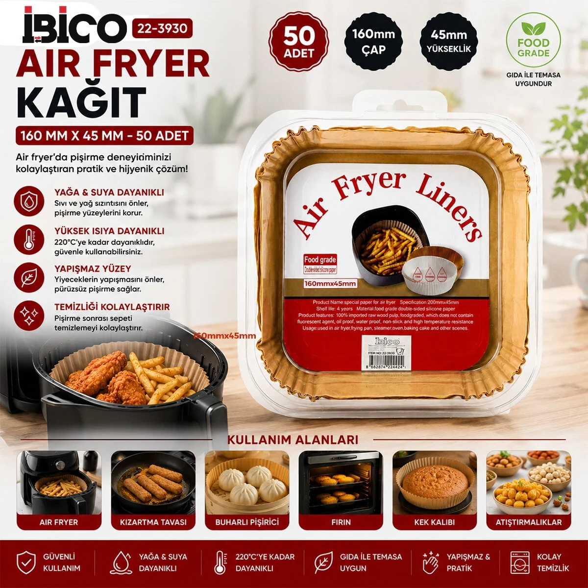 50pcs Kare Taban: 16cm - Kenar: 4.5cm Air Fryer Pişirme Kalıp Kağıt Bx40 Fiyatı, Yorumları ve Özellikleri