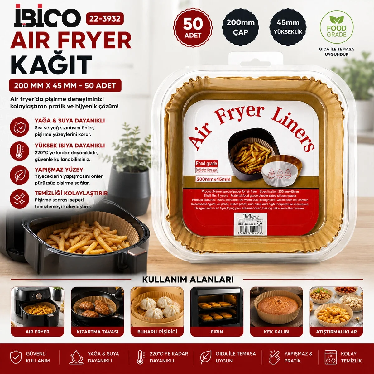 50pcs Kare Taban: 20cm - Kenar: 4.5cm Air Fryer Pişirme Kalıp Kağıt Bx40 Fiyatı, Yorumları ve Özellikleri