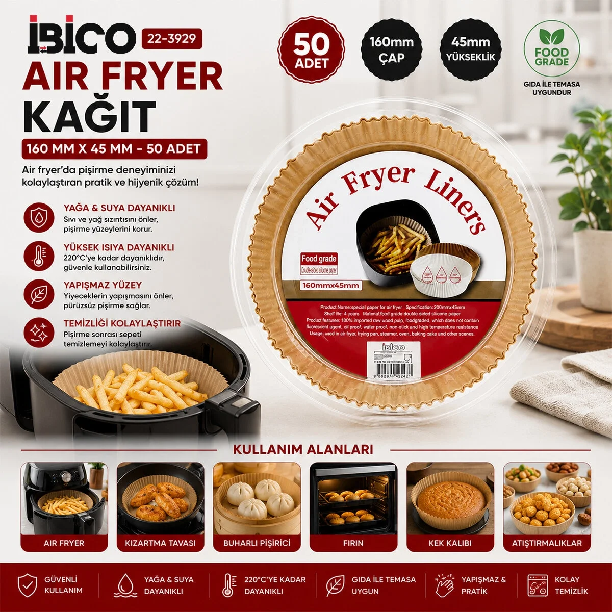 50pcs Yuvarlak Taban: 16cm - Kenar: 4.5cm Air Fryer Pişirme Kalıp Kağıt Bx40 Fiyatı, Yorumları ve Özellikleri
