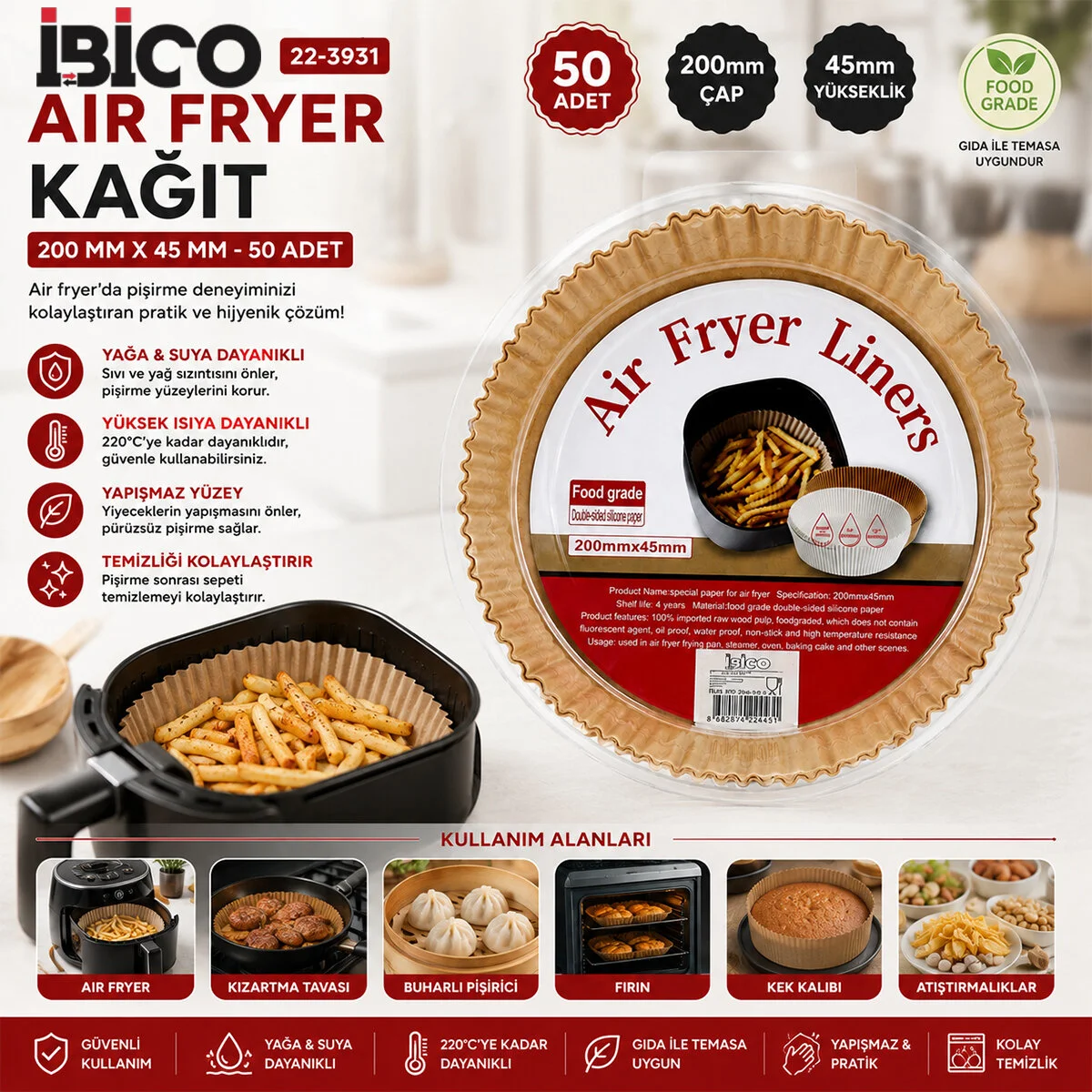 50PCS Yuvarlak Taban: 20CM - Kenar: 4.5CM Air Fryer Pişirme Kalıp Kağıt Fiyatı, Yorumları ve Özellikleri
