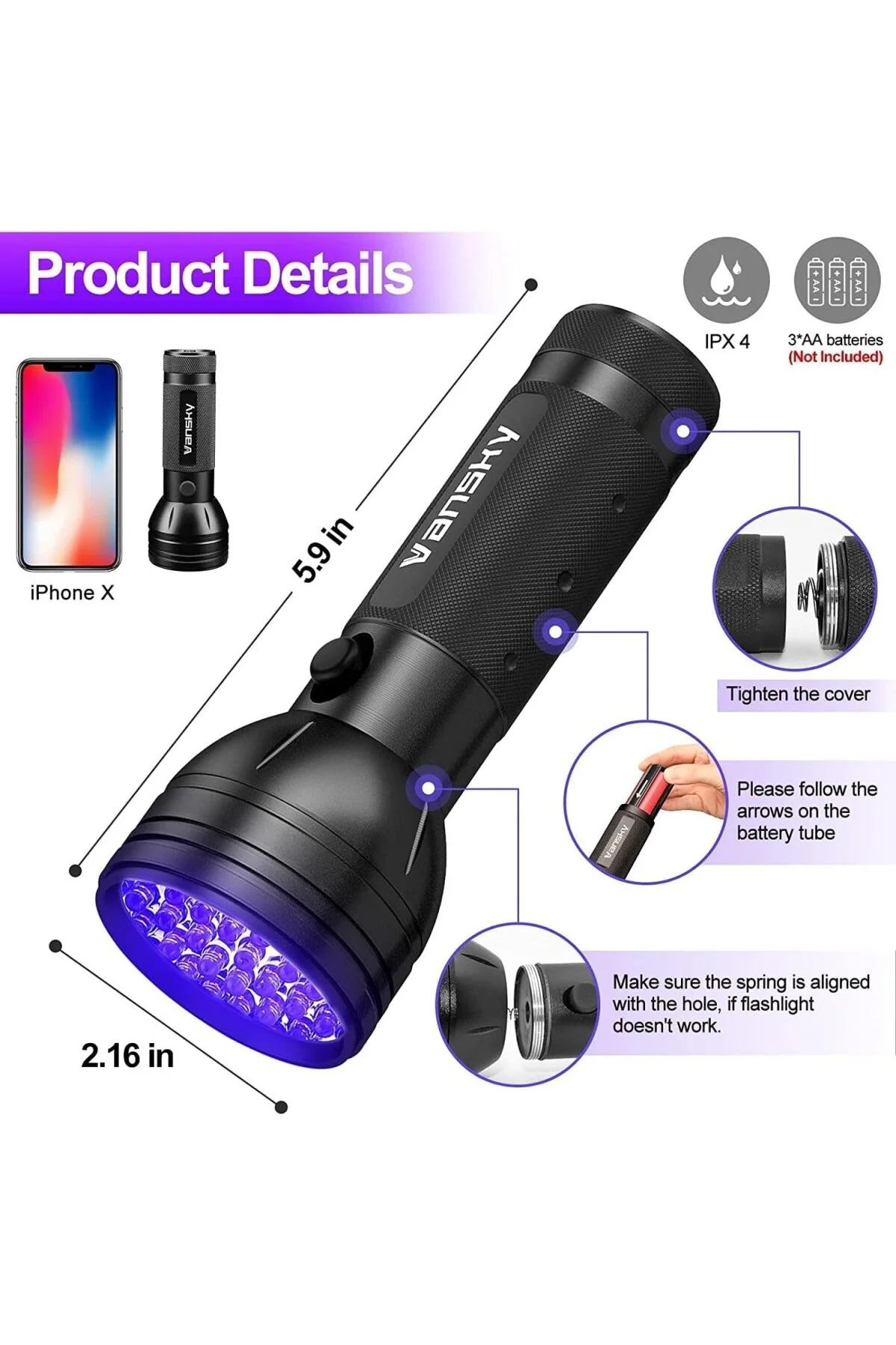 51 LED Mor Işık UV El Feneri Ultraviyole Blacklight