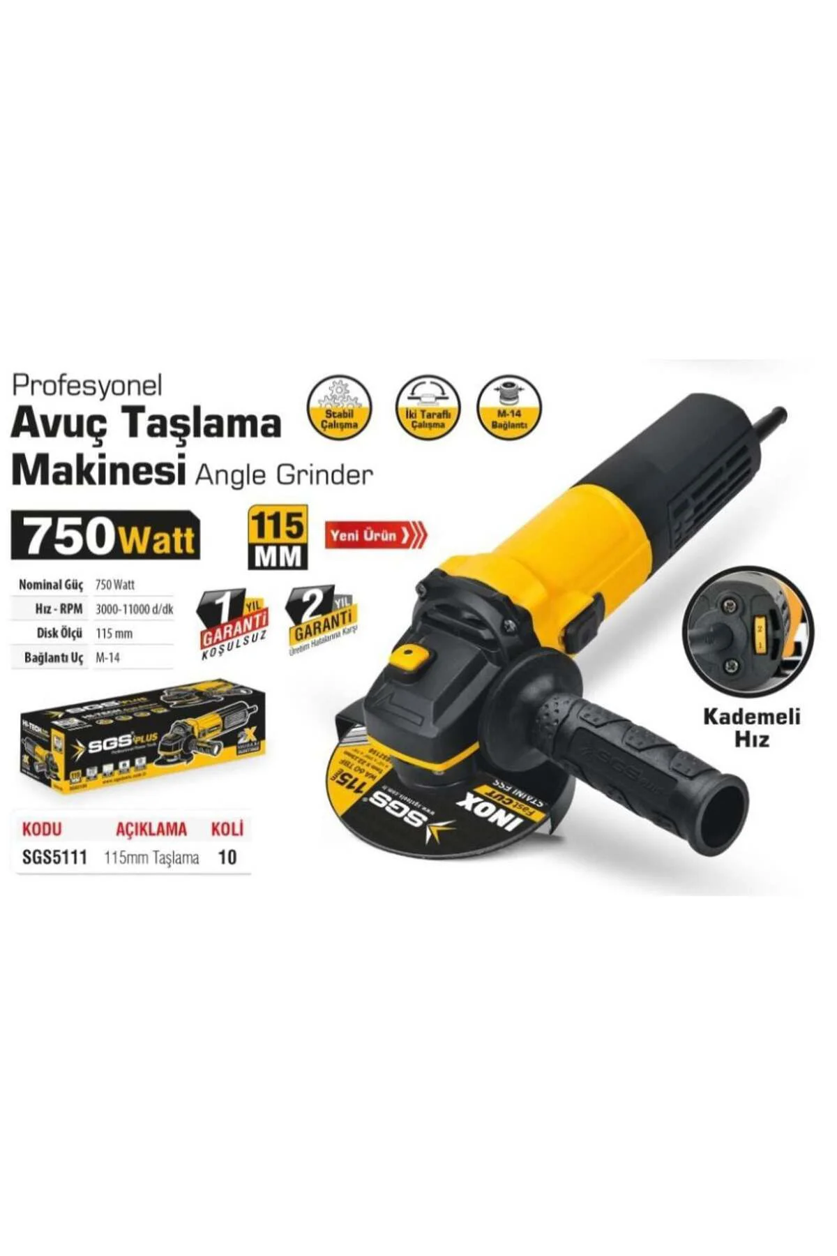 -5111 750W 115mm Devir Ayarlı Avuç Taşlama Makinesi – Elektrikli Kablolu
