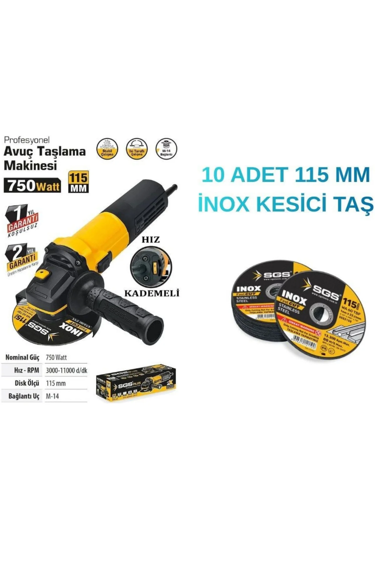 5111 Avuç Taşlama 115 Mm 750 Watt Devir Ayarlı + İnox 115 Mm Kesici Taş 10 Adet 5111 Avuç Taşlama 115 Mm 750 Watt Devir Ayarlı + İnox 115 Mm Kesici Taş 10 Adet