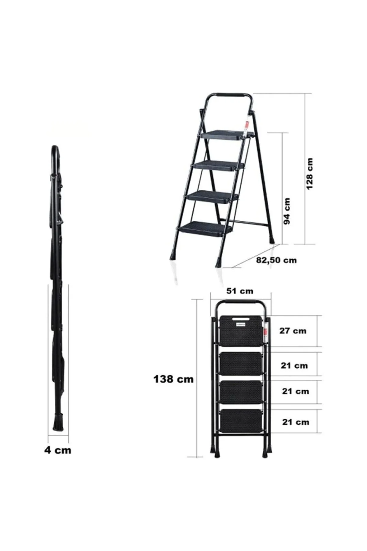 51404 Stepla Geniş 4 Basamaklı Katlanır Merdiven Eurotower Siyah