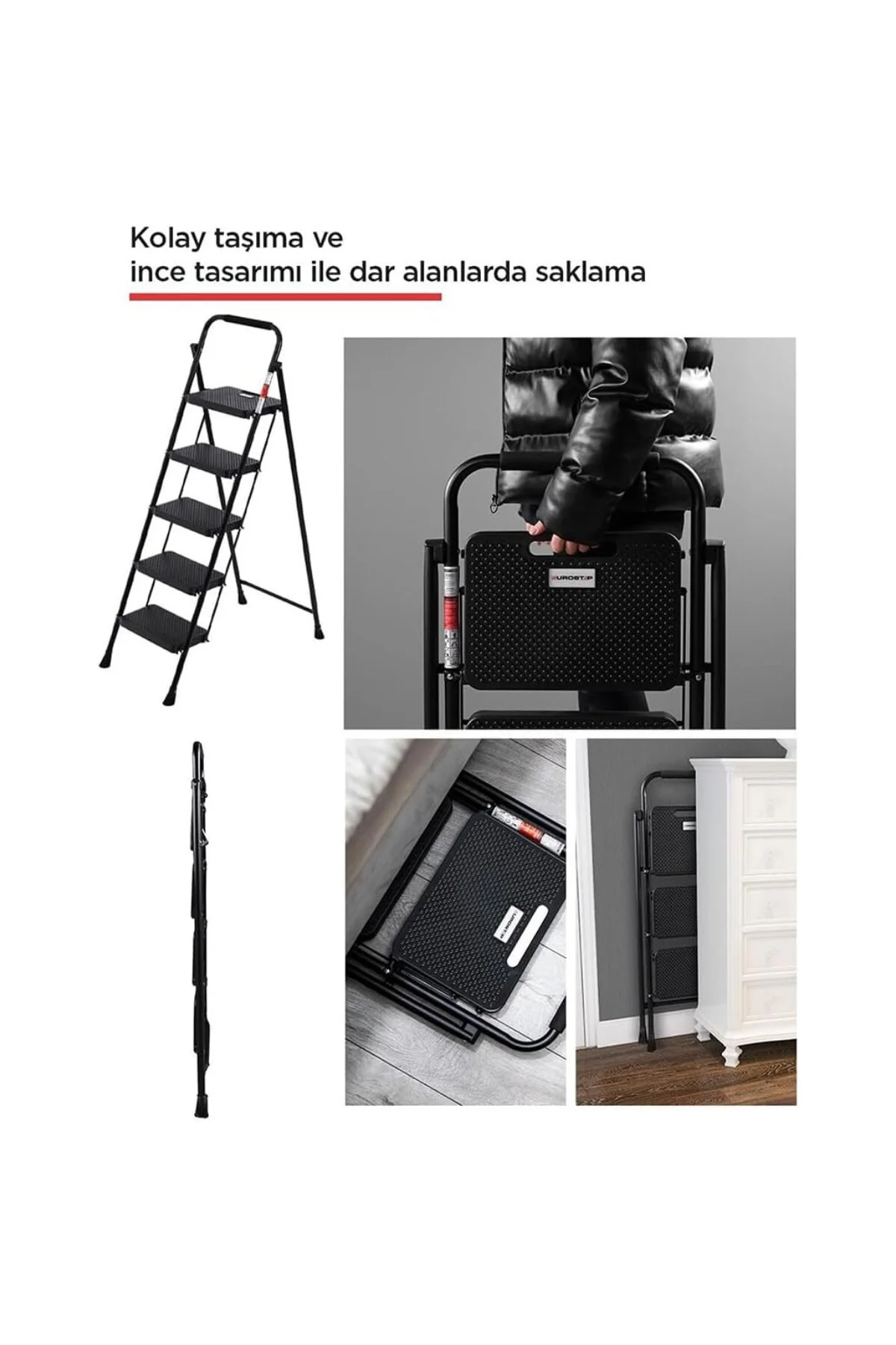 51405 Stepla Geniş 5 Basamaklı Katlanır Merdiven Eurotower Siyah