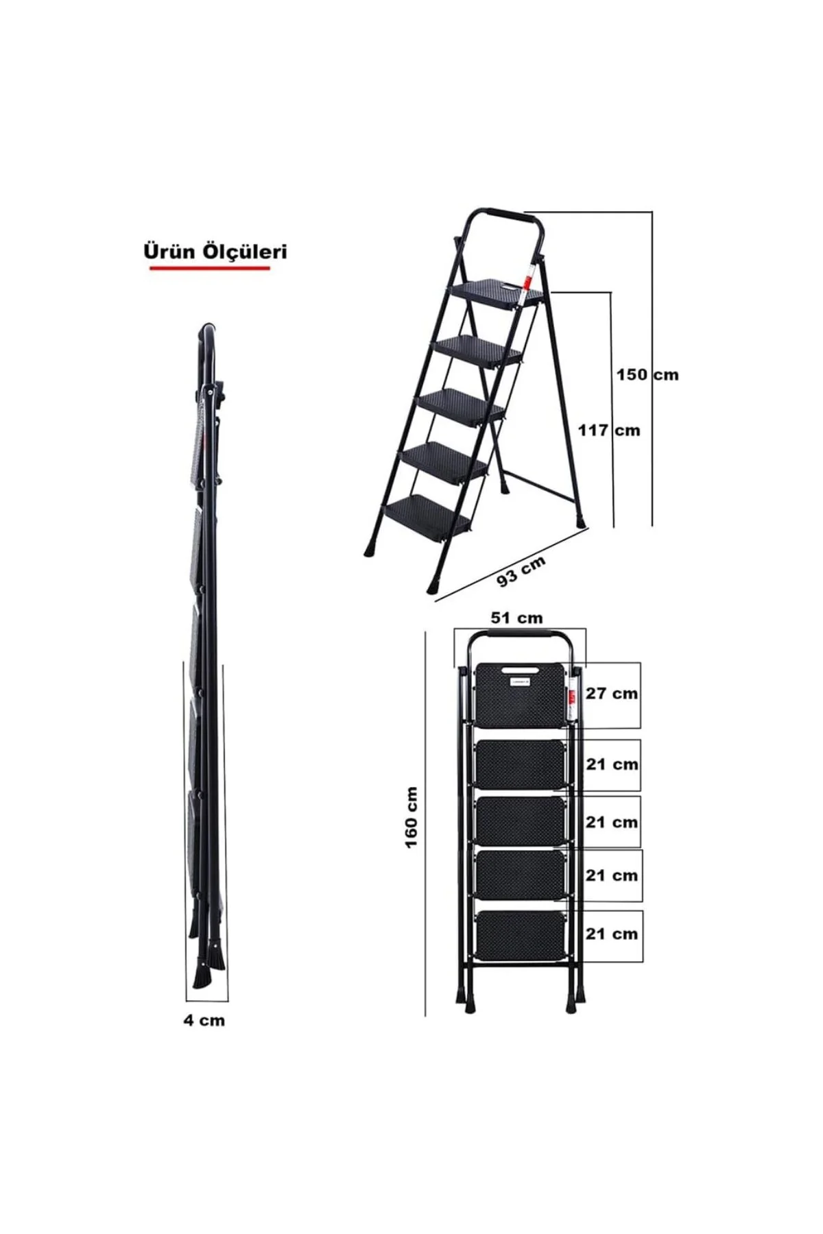 51405 Stepla Geniş 5 Basamaklı Katlanır Merdiven Eurotower Siyah
