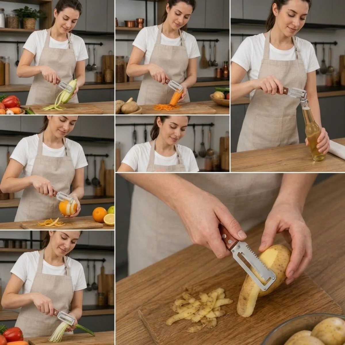 5'i 1 Arada Çok Fonksiyonlu Sebze ve Patates Soyucu, Paslanmaz Çelik Bıçaklı, Ahşap Saplı Mutfak Jülyen Soyacak, Şişe Açacağı 5'i 1 Arada Çok Fonksiyonlu Sebze ve Patates Soyucu, Paslanmaz Çelik Bıçaklı, Ahşap Saplı Mutfak Jülyen Soyacak, Şişe Açacağı