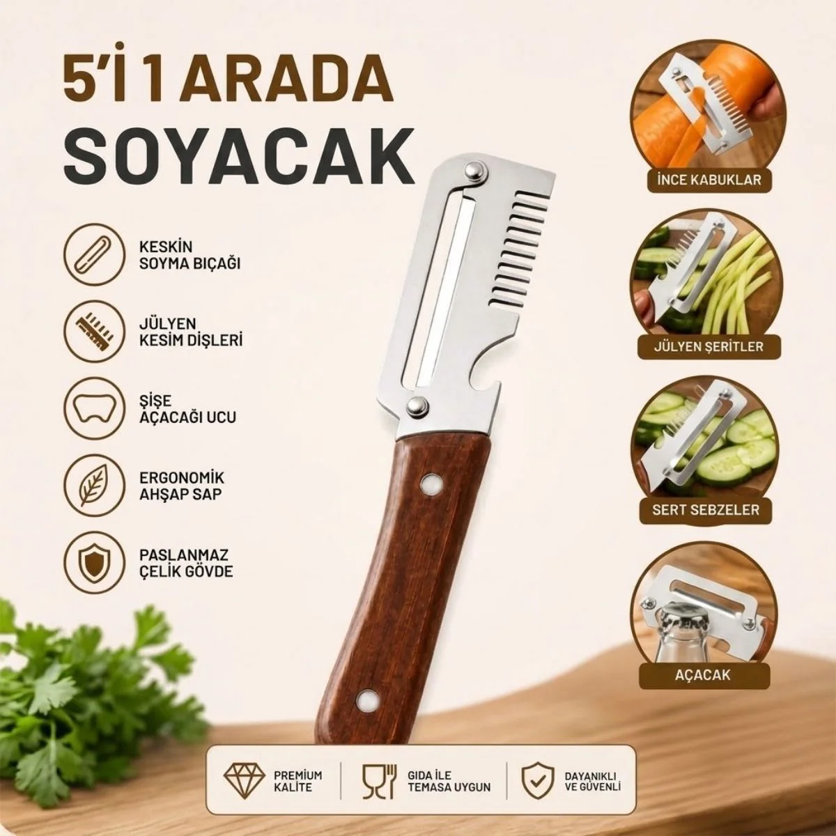 5'i 1 Arada Çok Fonksiyonlu Sebze ve Patates Soyucu, Paslanmaz Çelik Bıçaklı, Ahşap Saplı Mutfak Jülyen Soyacak, Şişe Açacağı 5'i 1 Arada Çok Fonksiyonlu Sebze ve Patates Soyucu, Paslanmaz Çelik Bıçaklı, Ahşap Saplı Mutfak Jülyen Soyacak, Şişe Açacağı