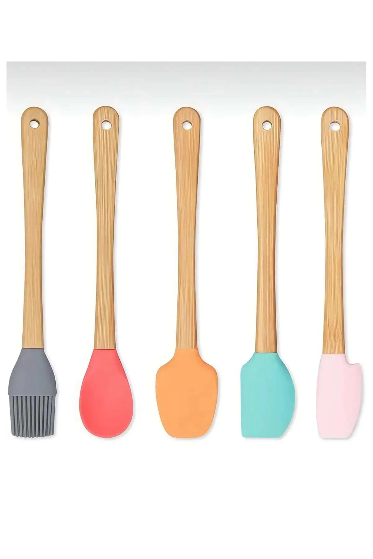 5'li Renkli Ahşap Saplı Silikon Uçlu Spatula Fırçalı Kaşık Se