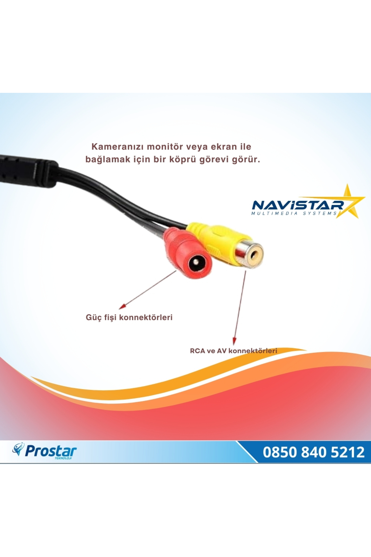 Navistar 54 Cm Kısa Rca Kamera Kablosu 3 Pin 1.55 Mm Socket,3 Core Wire