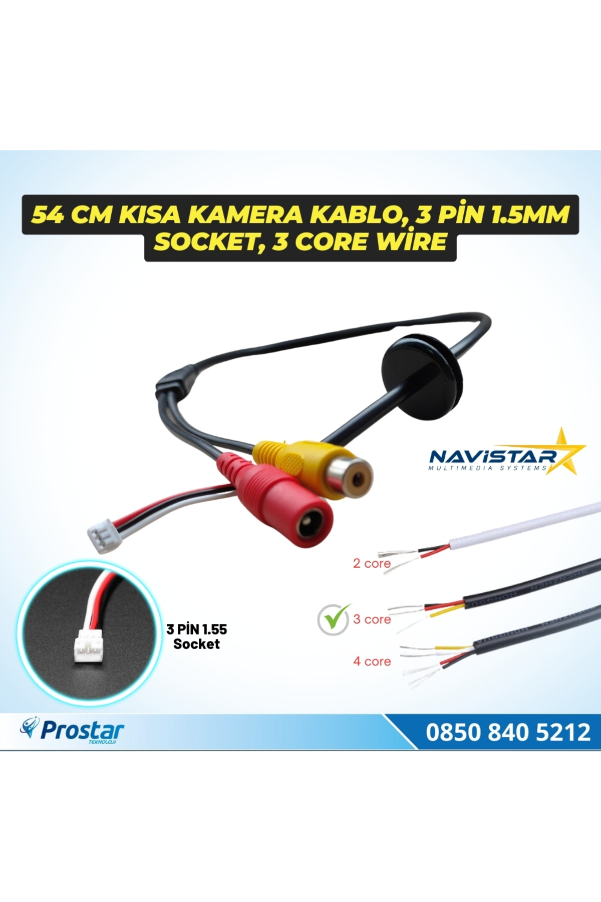 Navistar 54 Cm Kısa Rca Kamera Kablosu 3 Pin 1.55 Mm Socket,3 Core Wire