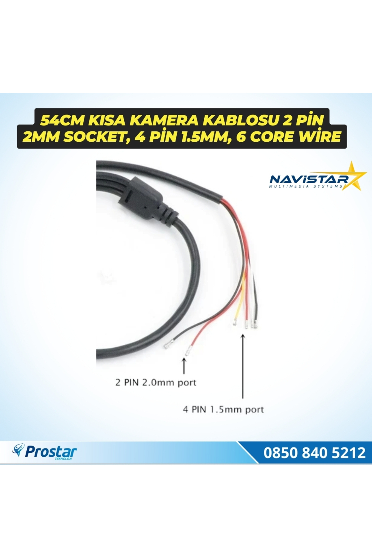 Navistar 54 Cm Rca Kısa Kamera Kablosu 2 Pin 2Mm Socket, 4 Pin 1.5Mm, 6 Co