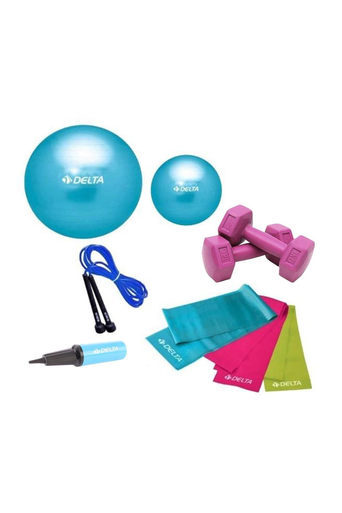 Delta 55-20 Cm Pilates Topu 3Lü Bandı Atlama İpi Dambıl Pompa Set