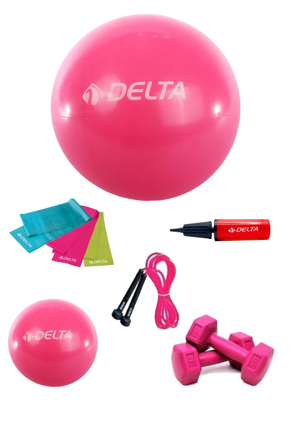 Delta 55-20 Cm Pilates Topu 3Lü Bandı Atlama İpi Dambıl Pompa Set