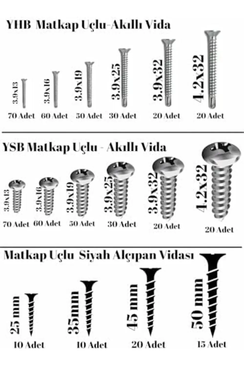 555 Adet 16 Çeşit Matkap Uçlu Vida Seti, YHB Akıllı Vida,YSB Akıl