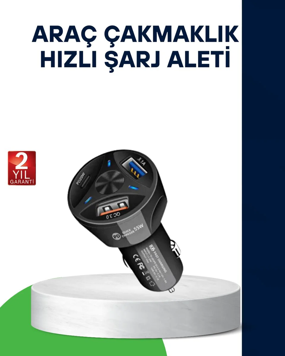 55W Hızlı Araç Şarj Cihazı - Quick Charge 3.0 & PD Destekli, 2 Portlu Güçlü Şarj Cihazı
