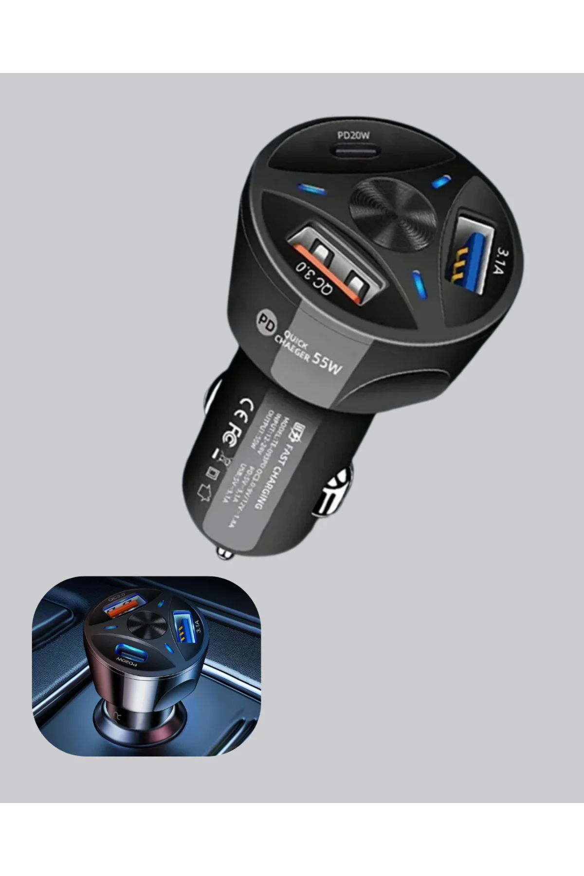 55W Hızlı Şarj Araç Çakmaklık Adaptörü QC 3.0 PD - Lisinya