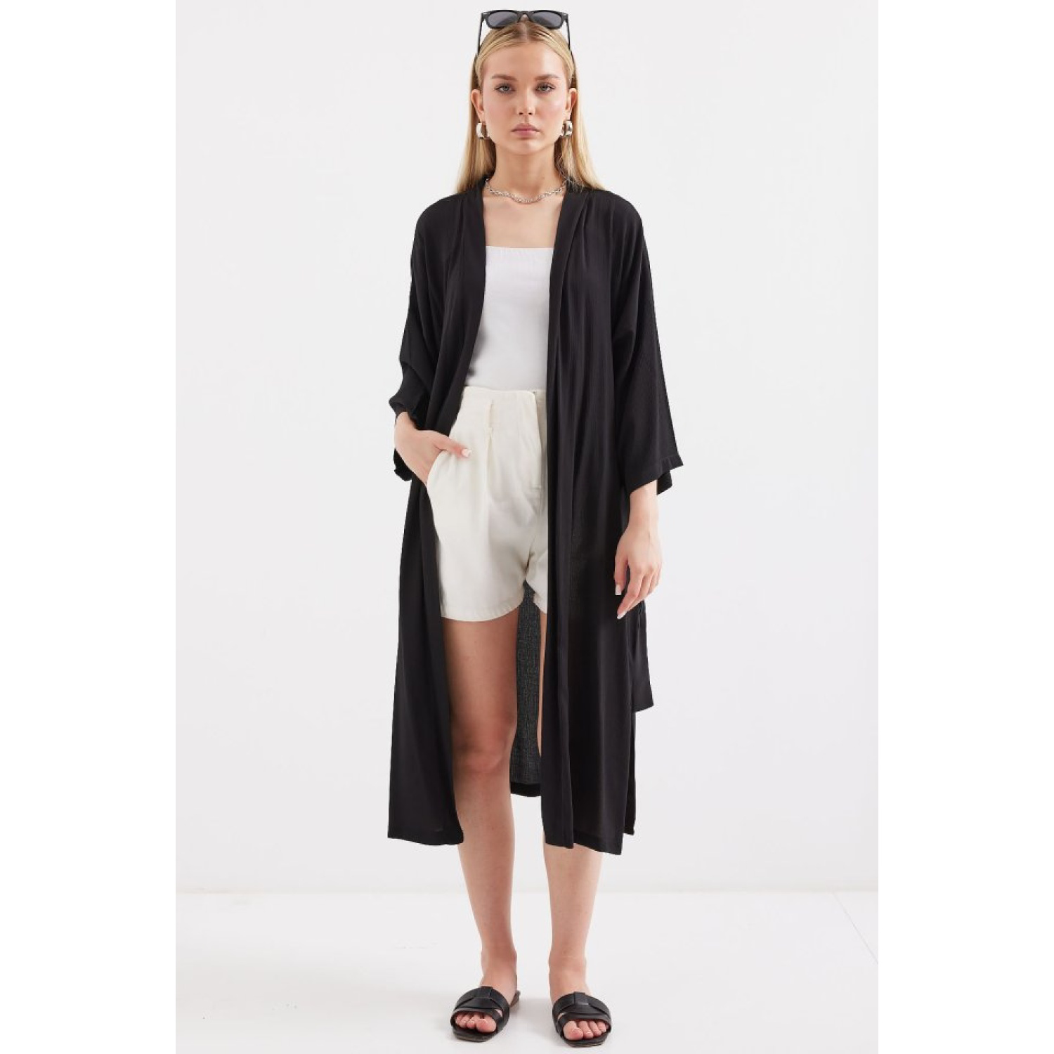 5835 Yırtmaçlı Yazlık Kimono - Siyah