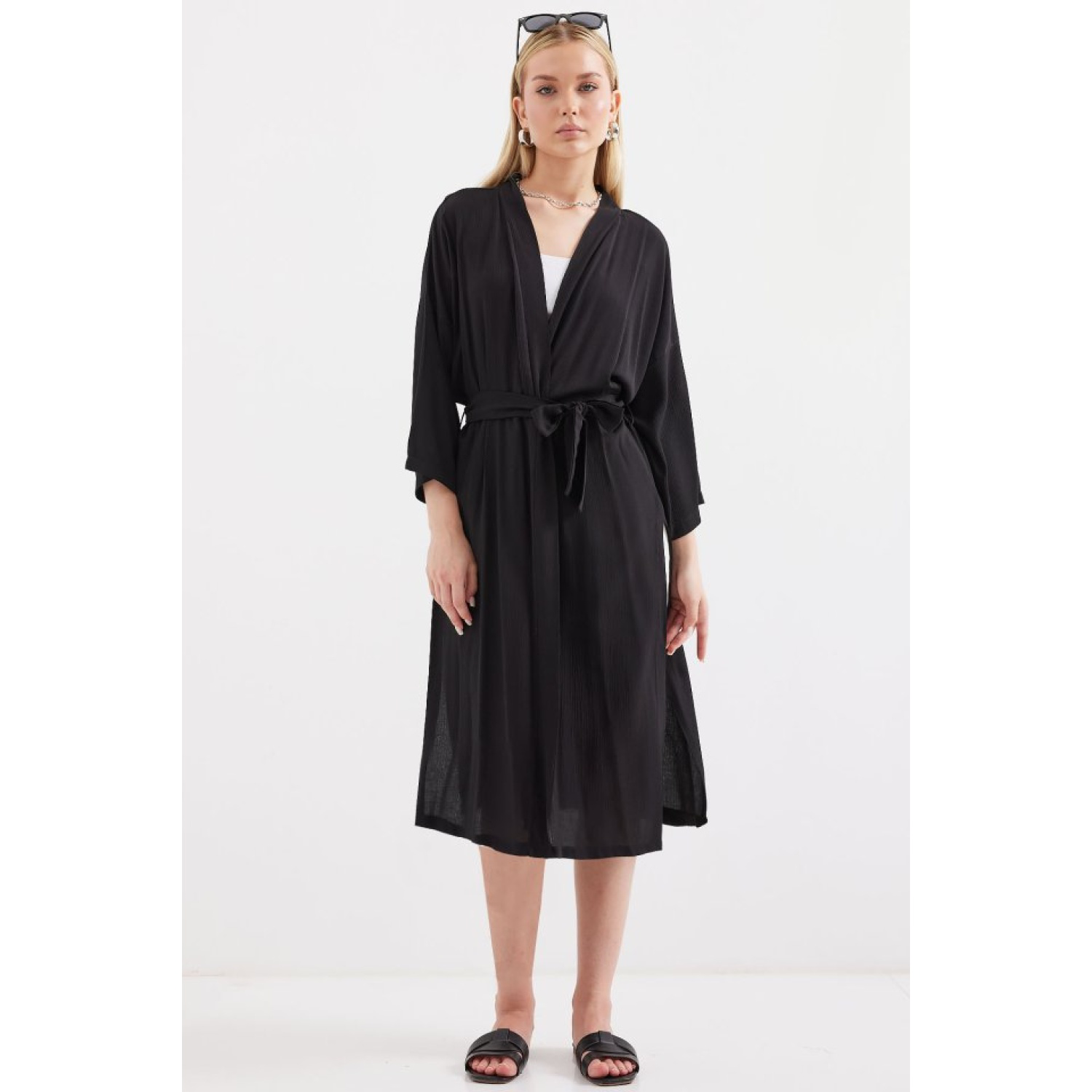 5835 Yırtmaçlı Yazlık Kimono - Siyah