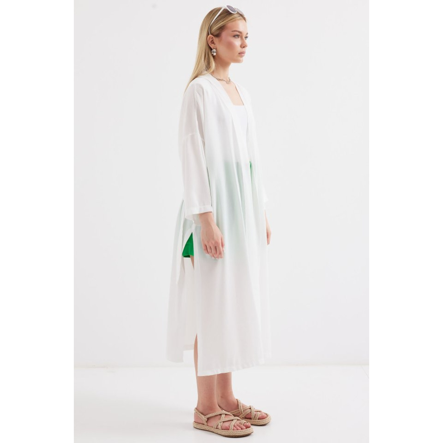 5835 Yırtmaçlı Yazlık Kimono - Beyaz