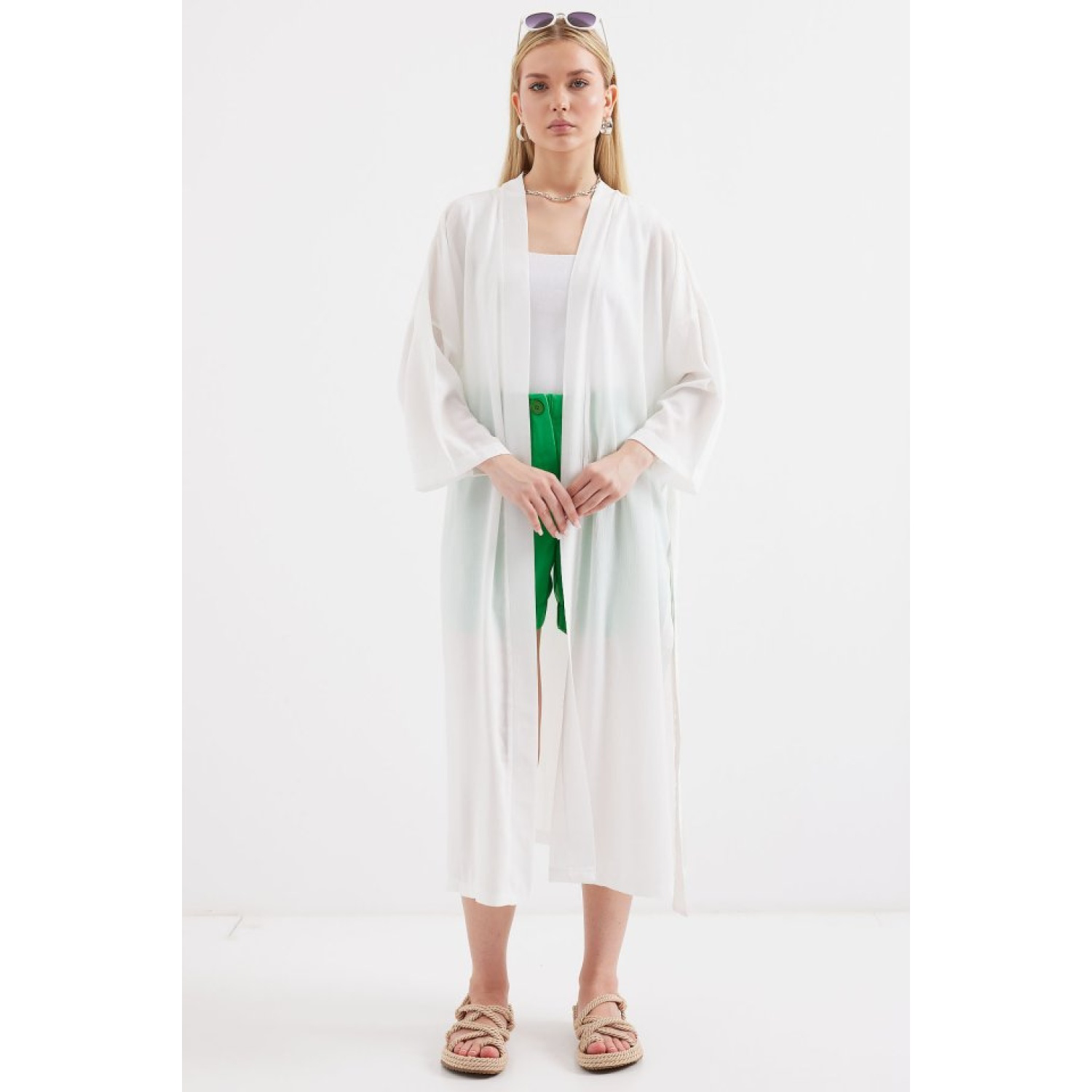 5835 Yırtmaçlı Yazlık Kimono - Beyaz