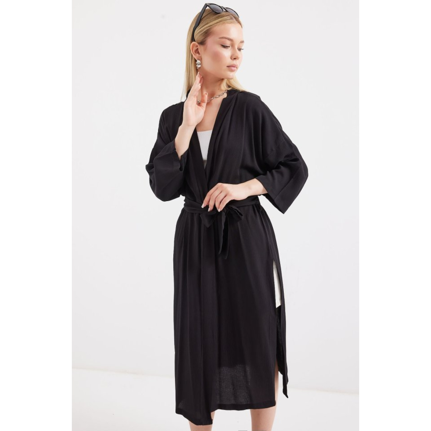 5835 Yırtmaçlı Yazlık Kimono - Siyah