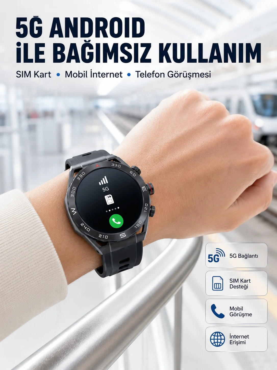 5G Android Akıllı Saat AMOLED Ekran SIM Kart Destekli Kameralı