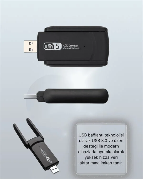 5G Destekli USB WiFi Adaptörü - Realtek Chipsetli Yüksek Hız ve Stabil Bağlantı