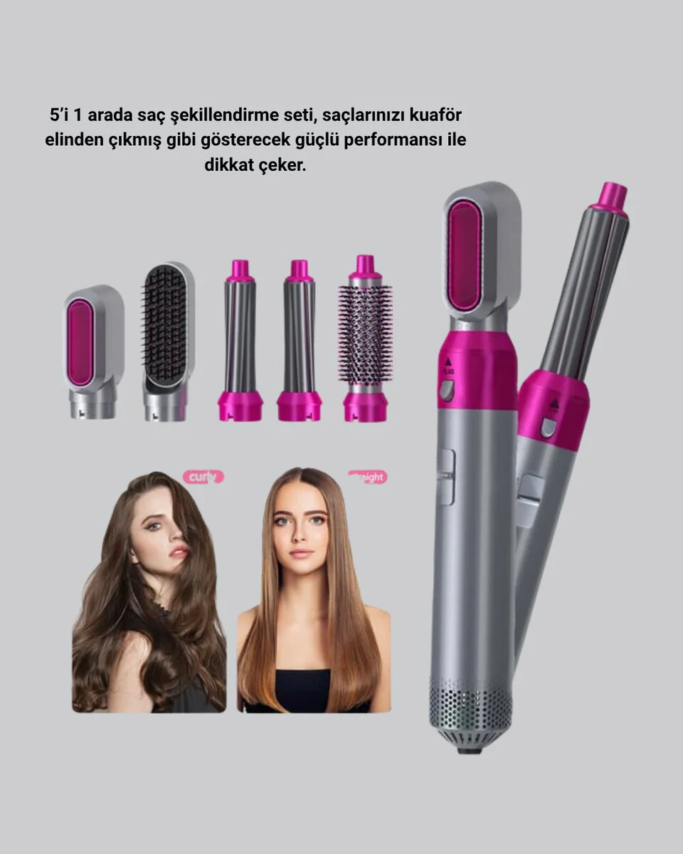 5’i 1 Arada Saç Şekillendirme Seti - Negatif İyon Teknolojili Hızlı Kurutmalı Fön & Dalga Makinesi Seti