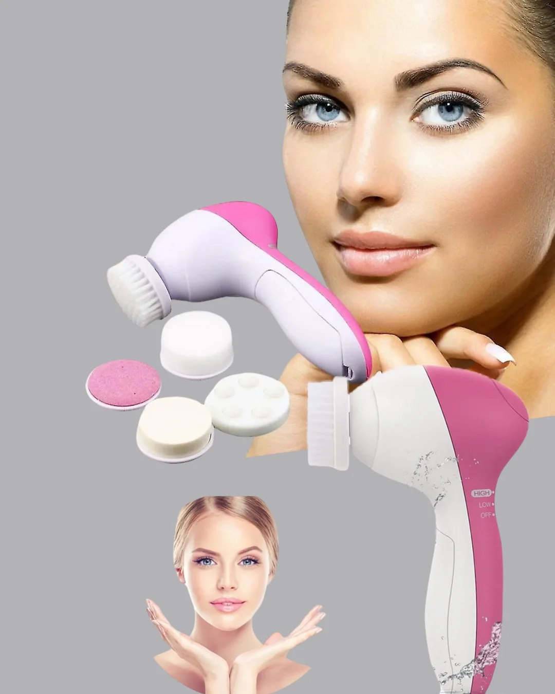 5’i 1 Arada Yüz Temizleme Cihazı – Masaj, Fırça, Peeling ve Krem Uygulama Aparatlı