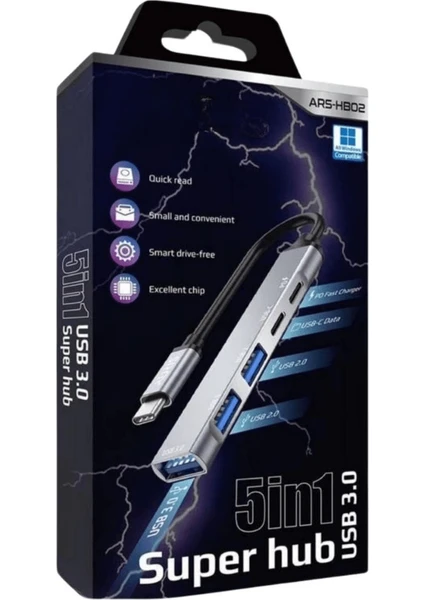 5in1 Metal USB Hub - Yüksek Hızlı Çoklayıcı, 5 Bağlantı Noktalı