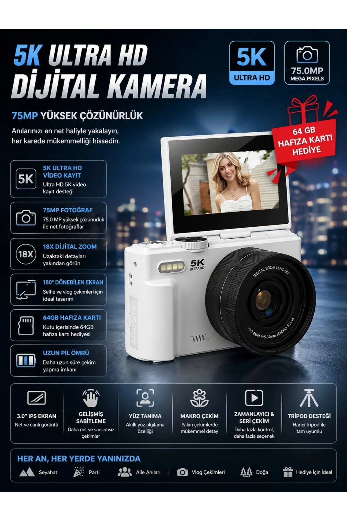 5K 75MP HD Dijital Kamera 18X Dijital Zoom, Flaşlı,3.0 inç Ekranlı Fotoğraf Makinesi 5K 75MP HD Dijital Kamera 18X Dijital Zoom, Flaşlı,3.0 inç Ekranlı Fotoğraf Makinesi