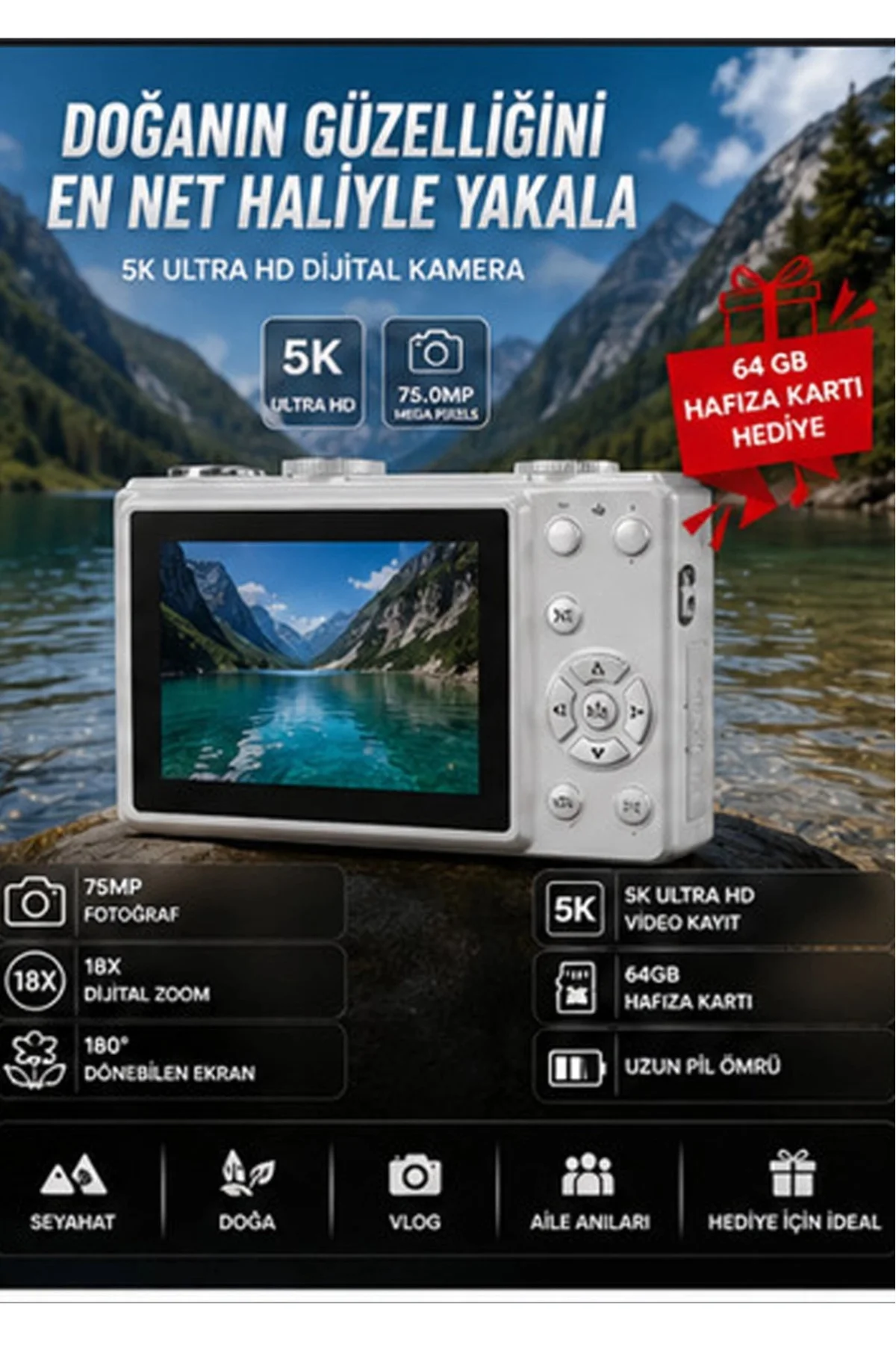 5K 75MP HD Dijital Kamera 18X Dijital Zoom, Flaşlı,3.0 inç Ekranlı Fotoğraf Makinesi 5K 75MP HD Dijital Kamera 18X Dijital Zoom, Flaşlı,3.0 inç Ekranlı Fotoğraf Makinesi - Görsel 3