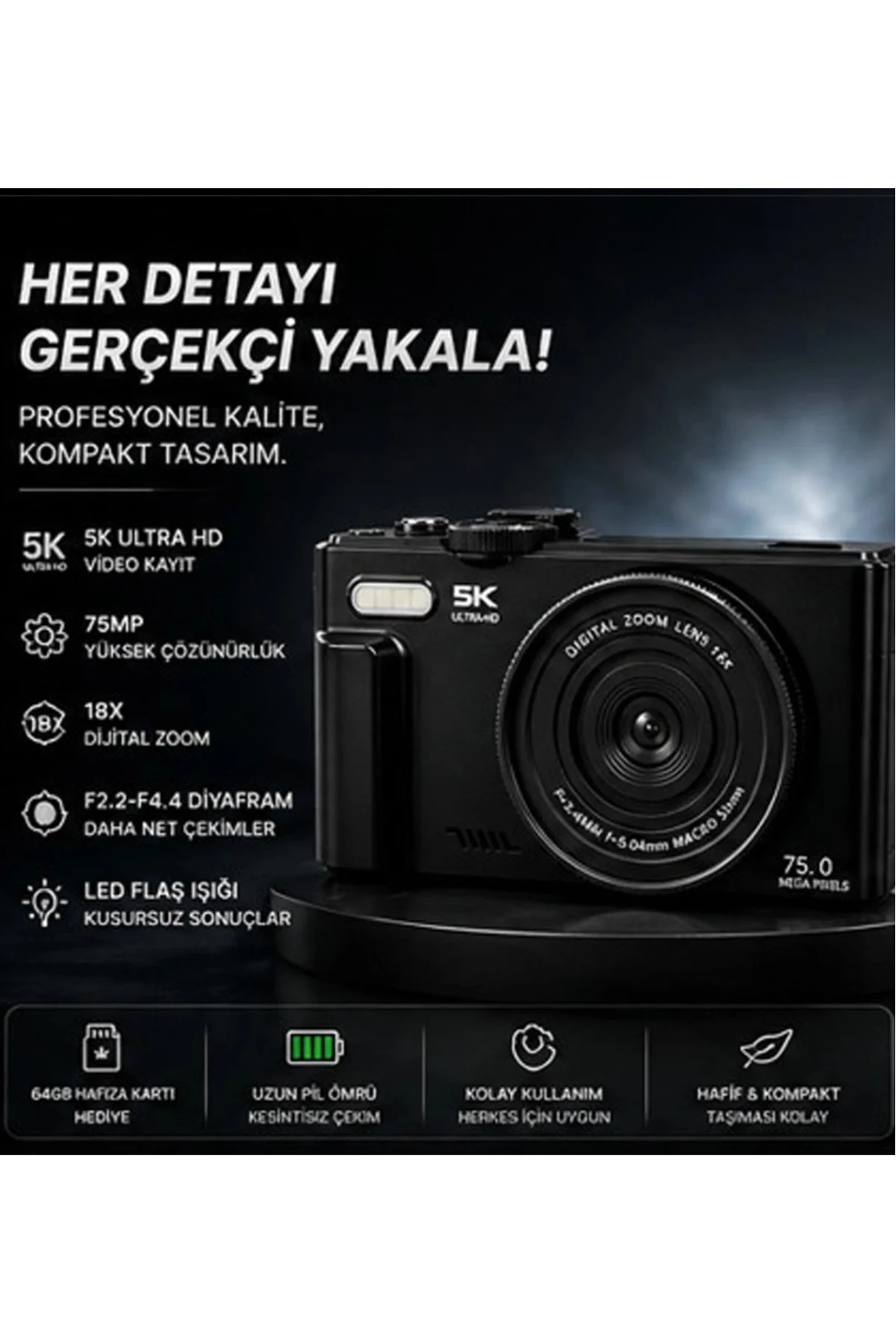 5K 75MP HD Dijital Kamera 18X Dijital Zoom, Flaşlı,3.0 inç Ekranlı Fotoğraf Makinesi 5K 75MP HD Dijital Kamera 18X Dijital Zoom, Flaşlı,3.0 inç Ekranlı Fotoğraf Makinesi - Görsel 3