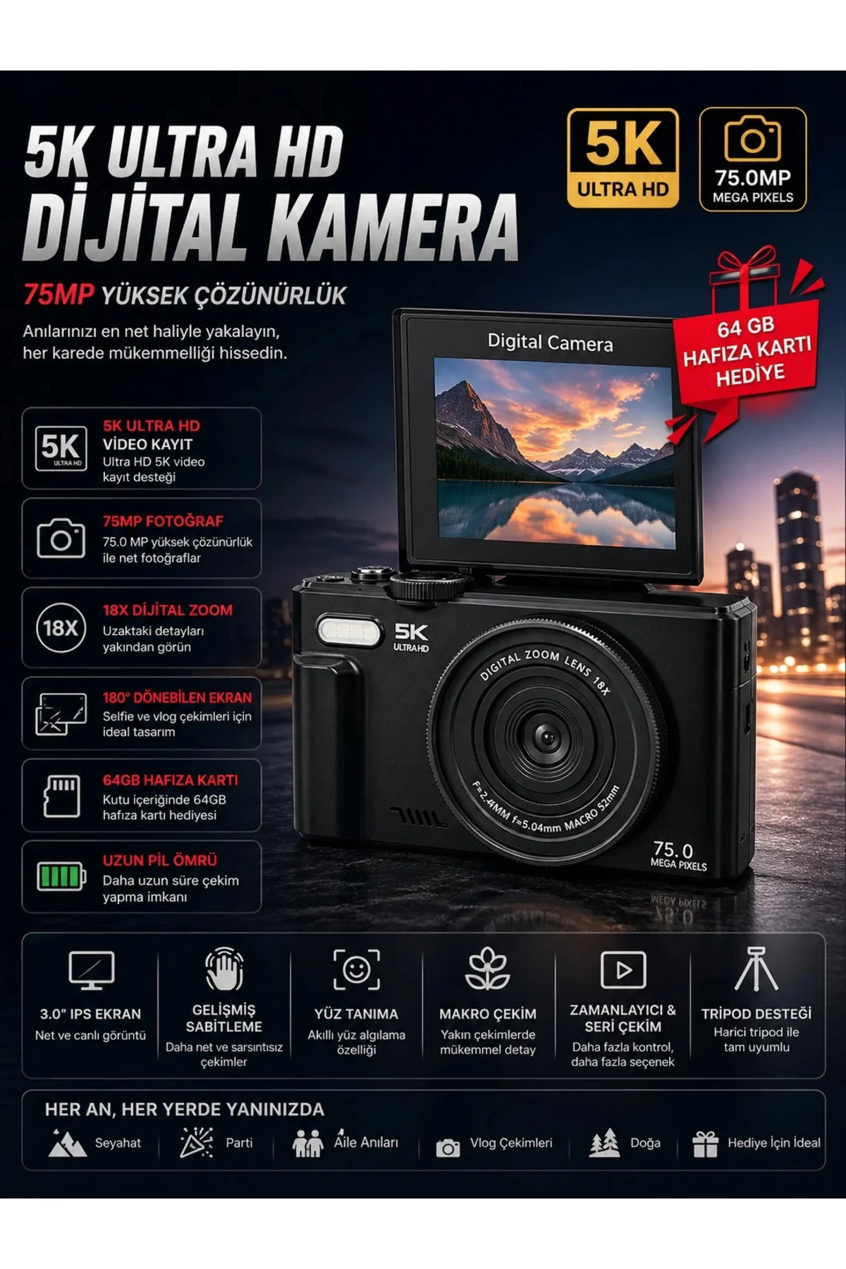 5K 75MP HD Dijital Kamera 18X Dijital Zoom, Flaşlı,3.0 inç Ekranlı Fotoğraf Makinesi 5K 75MP HD Dijital Kamera 18X Dijital Zoom, Flaşlı,3.0 inç Ekranlı Fotoğraf Makinesi