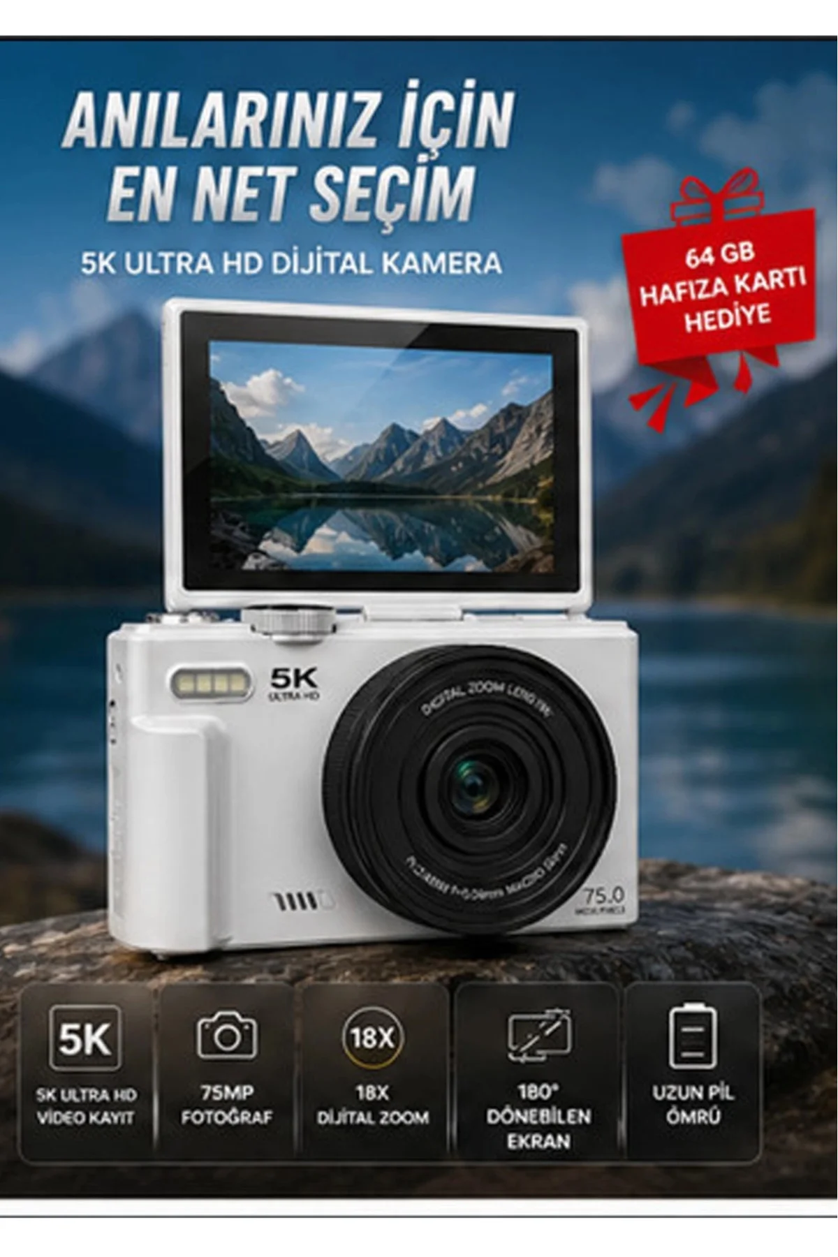 5K 75MP HD Dijital Kamera 18X Dijital Zoom, Flaşlı,3.0 inç Ekranlı Fotoğraf Makinesi 5K 75MP HD Dijital Kamera 18X Dijital Zoom, Flaşlı,3.0 inç Ekranlı Fotoğraf Makinesi - Görsel 2