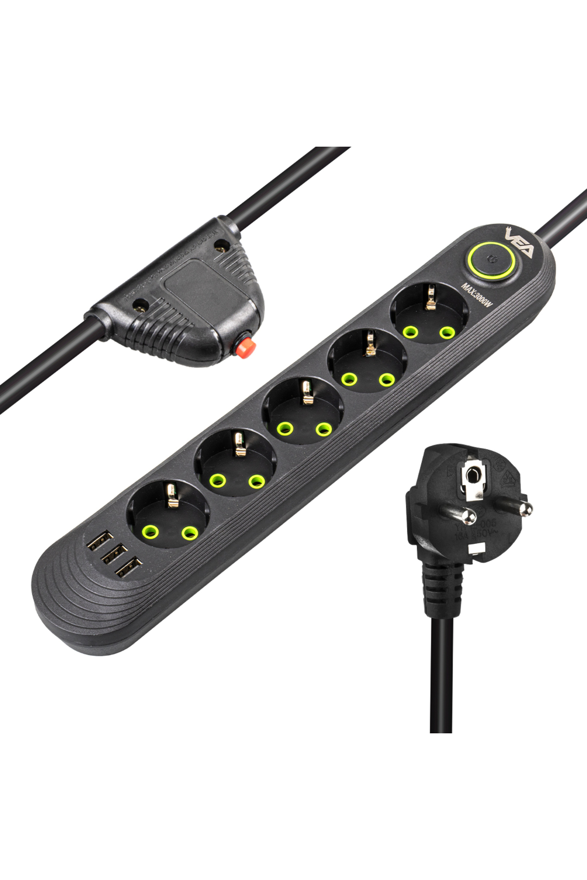5Lİ 1.5 METRE KABLOLU 3 USBLİ SİYAH AKIM KORUMALI PRİZ (4767) - A