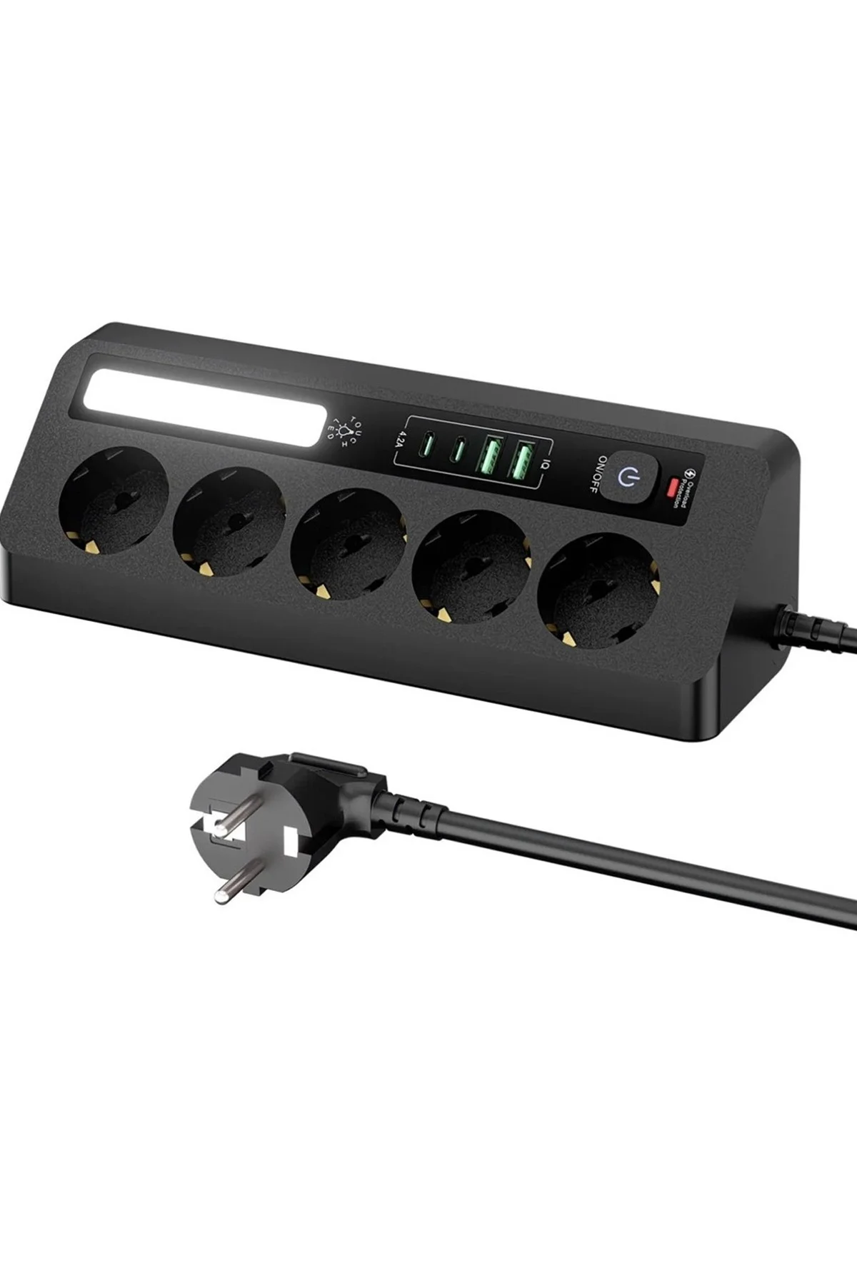 5’Li Akım Korumalı Priz 2500W | 2 Usb + 2 Type-C Hızlı Şarj | Led Gece Lambalı | Dokunmatik Siyah - Görsel 2