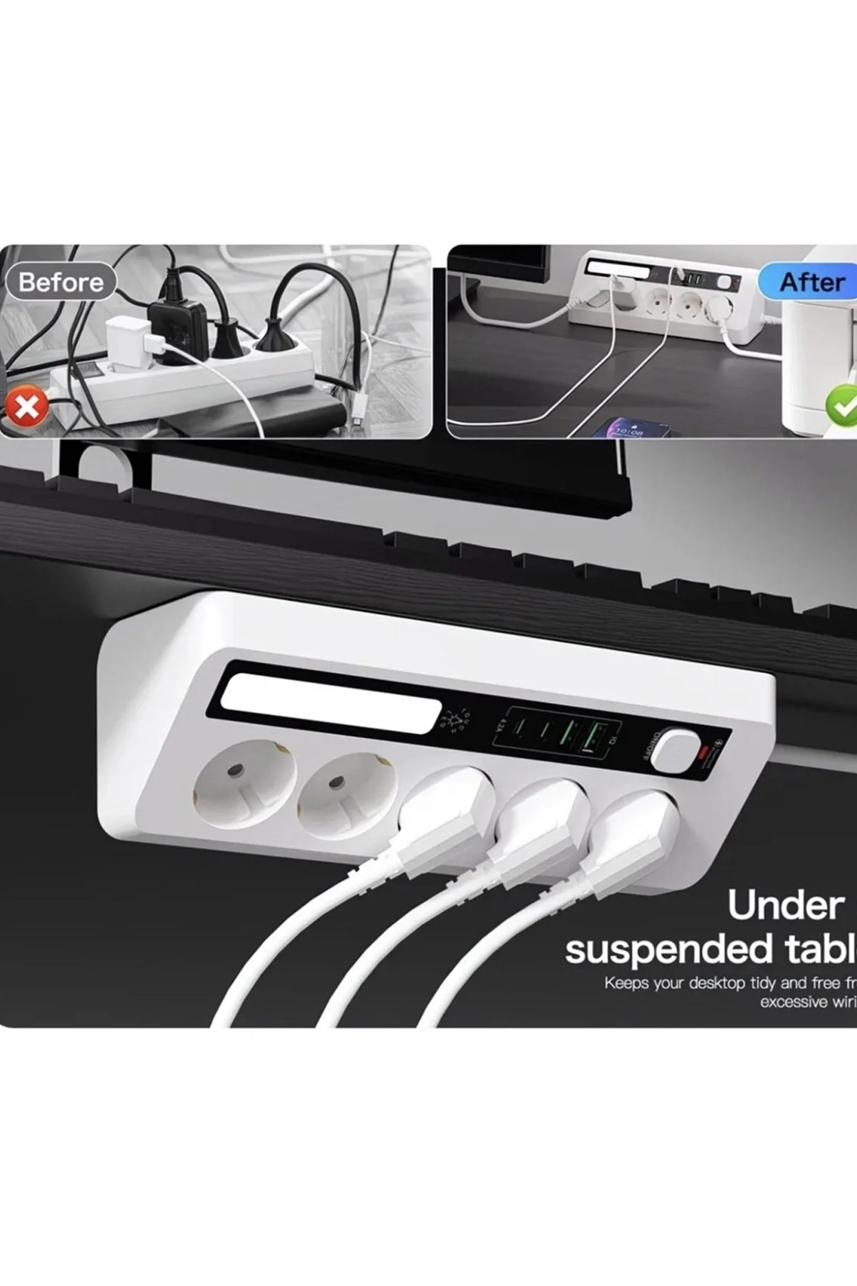 5’Li Akım Korumalı Priz 2500W | 2 Usb + 2 Type-C Hızlı Şarj | Led Gece Lambalı | Dokunmatik Siyah - Görsel 3