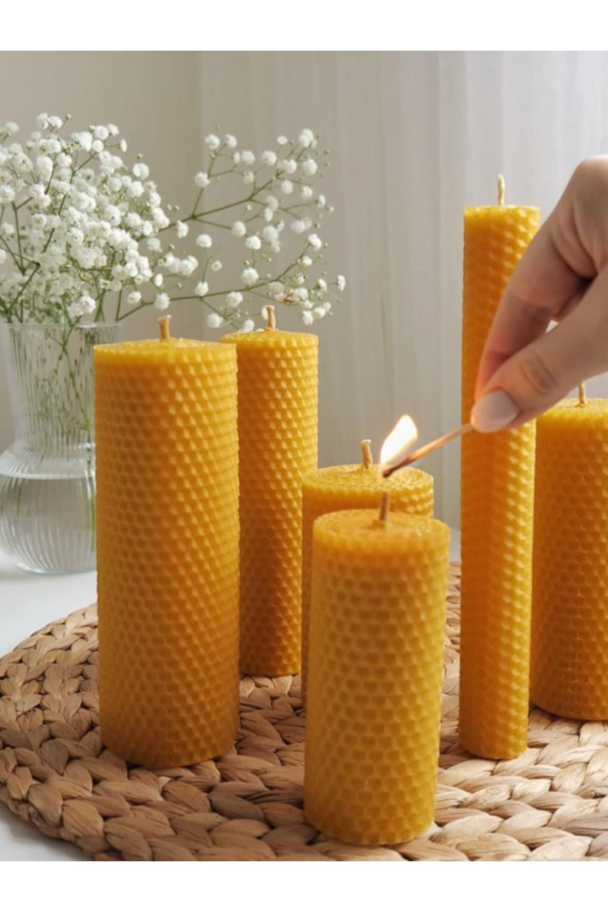 Trendmilano 5'Li Balmumu Mum Seti  %100 Doğal (5 Adet - 11 Cm Uzunluk - 3 Cm 