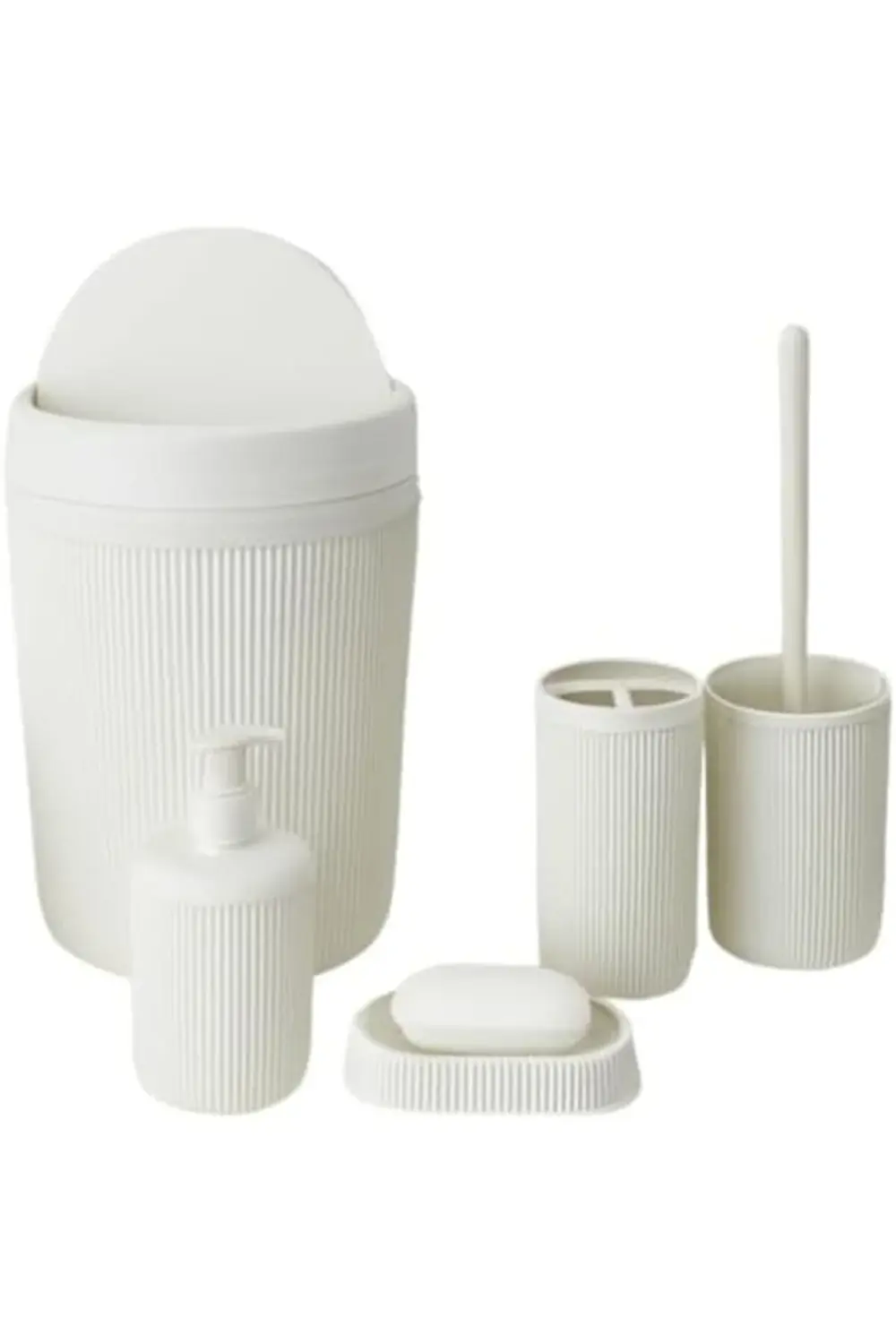 5’li Banyo Seti – Beyaz Renk, Modern Çizgili Tasarım, Dayanıklı P