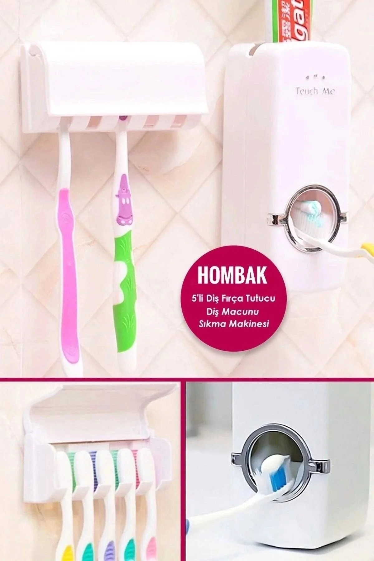 5'li Diş Fırçalık Macun Sıkıcı Seti Duvara Monte Beyaz Hijyenik Pratik Organizer