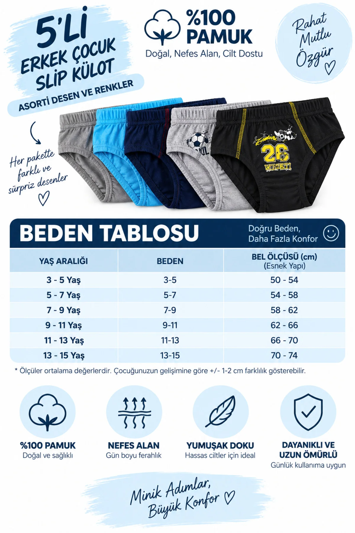 5'li Erkek Çocuk %100 Pamuk Slip Külot Baskılı Desenli Asorti Renk 3-15 Yaş 5'li Erkek Çocuk %100 Pamuk Slip Külot Baskılı Desenli Asorti Renk 3-15 Yaş