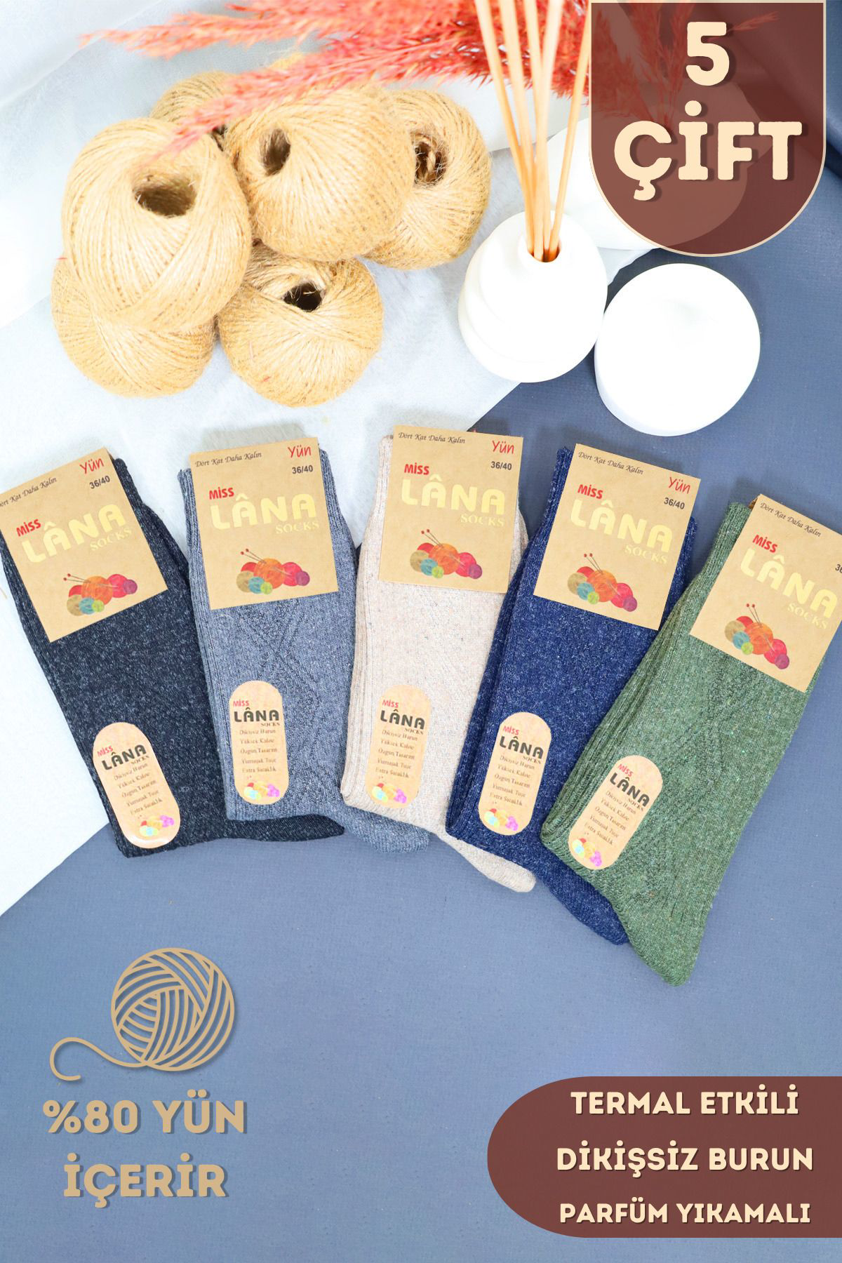 Kral Socks 5'Li Kişlik Yün Lambswool Termal Etkili Dikişsiz Kadin Çorap