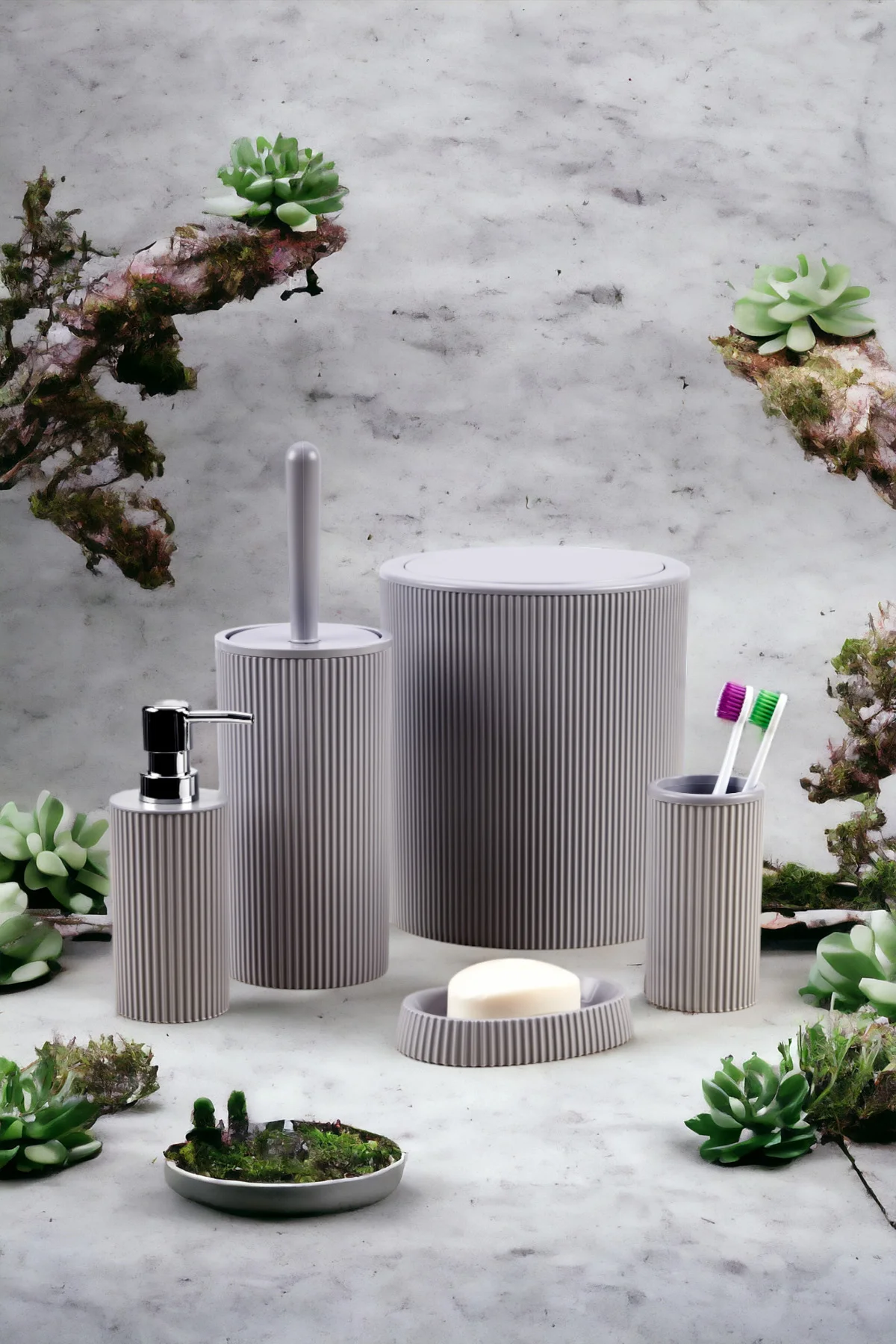 5'li Modern ve Şık Banyo Seti, Sıvı ve Katı Sabunluk, Diş Fırçalı