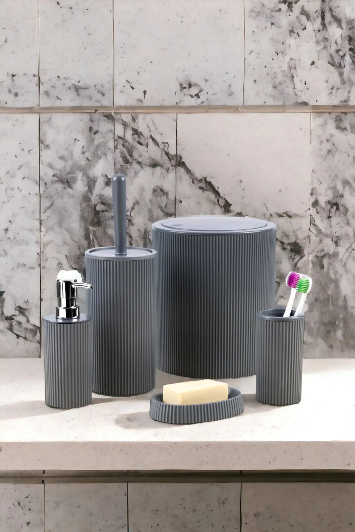 5'li Modern ve Şık Banyo Seti, Sıvı ve Katı Sabunluk, Diş Fırçalık, Çöp Kovası, Klozet Fırçası