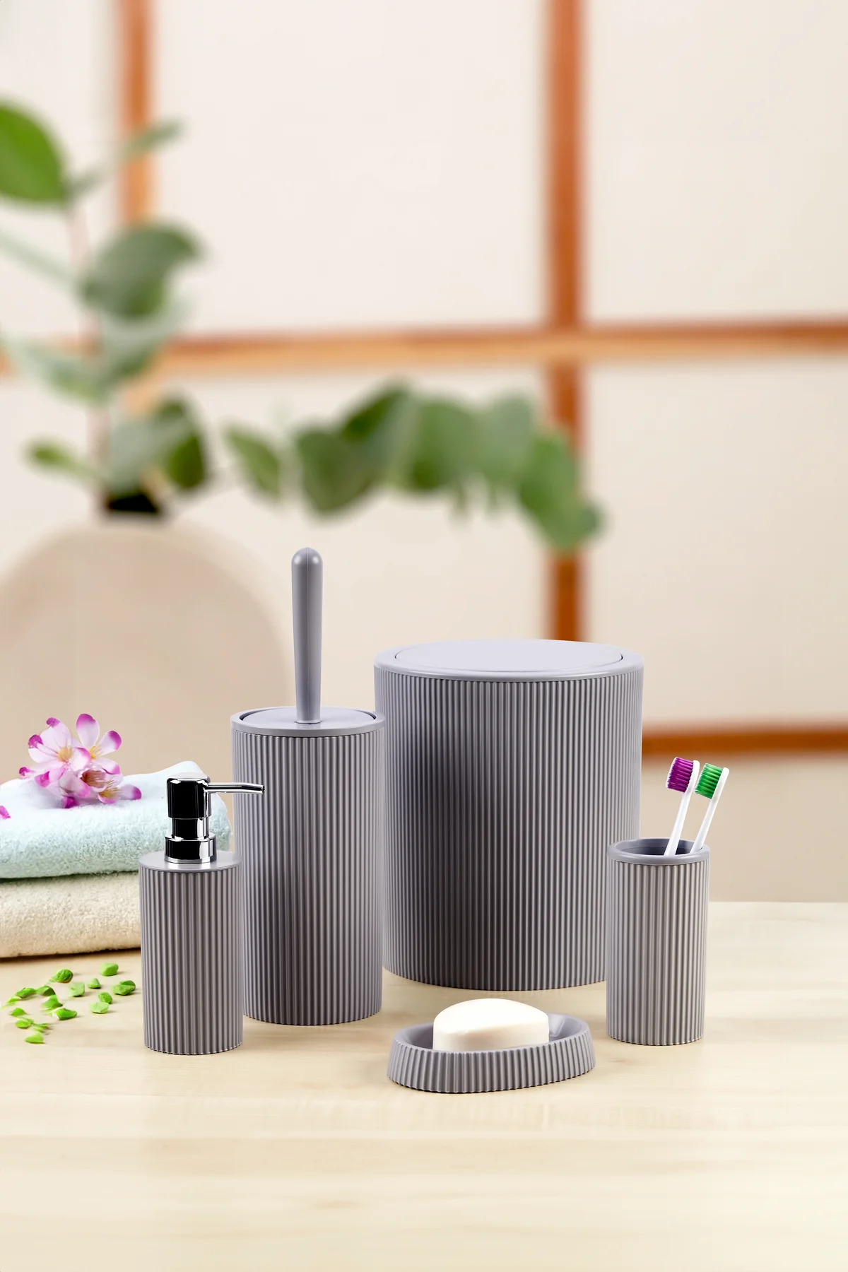 5'li Modern ve Şık Banyo Seti, Sıvı ve Katı Sabunluk, Diş Fırçalı